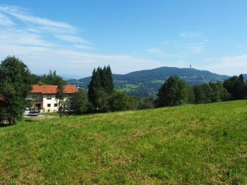 a grassy hill with a house in the background at Appartments Kramer in Schiefling am See