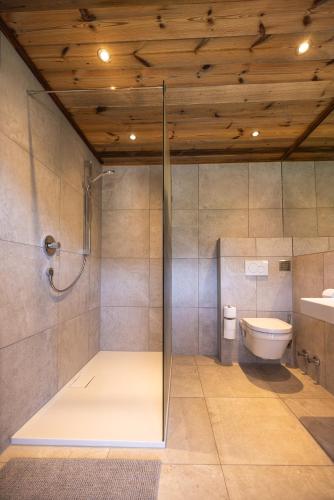 a bathroom with a glass shower and a toilet at Haus Rabl in Itter