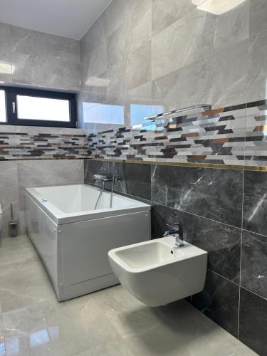 La salle de bains est pourvue d'une baignoire, d'un lavabo et de toilettes. dans l'établissement Vila Petra, à Cluj-Napoca