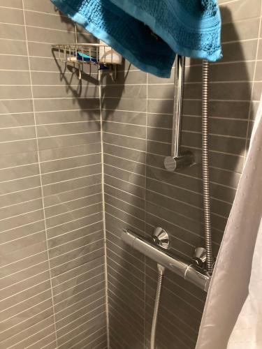 a shower in a bathroom with a blue towel at Værelse i lejlighed med udsigt og ro in Aarhus