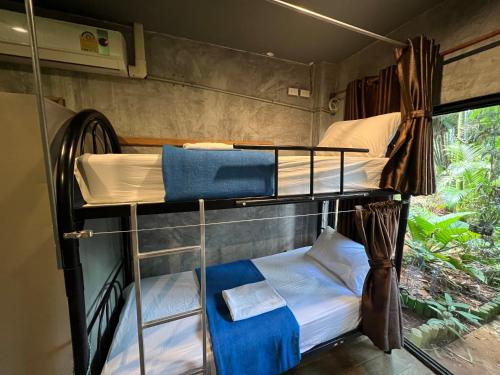 two bunk beds in a room with a window at Mountain View Party Hostel in Ban Chong Phli