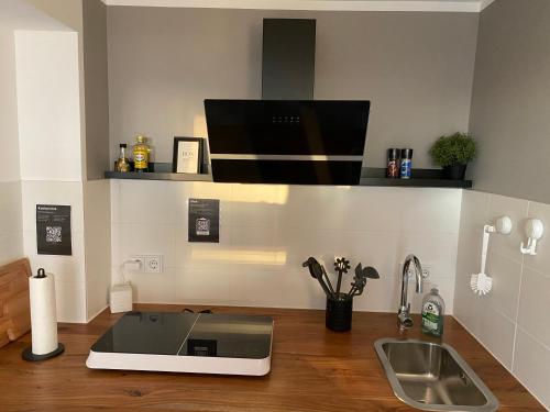 a kitchen with a sink and a laptop on a counter at Apartment BB43 in Düren - Eifel