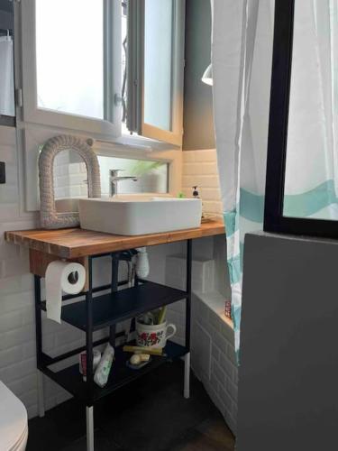 La salle de bains est pourvue d'un lavabo sur un comptoir en bois. dans l'établissement Cosy Nest in Montmartre, à Paris