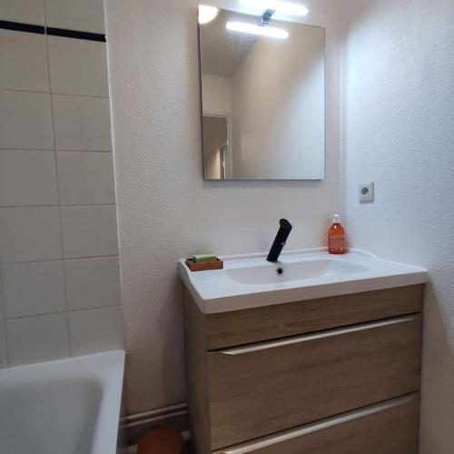ein Bad mit einem Waschbecken und einem Spiegel in der Unterkunft Montereau FY Appt 3P 2 ch Balcon in Montereau-faut-Yonne