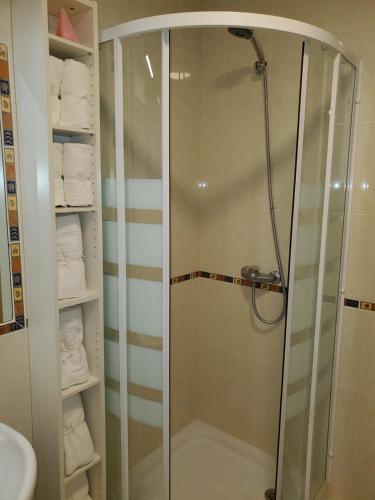 a shower with a glass door in a bathroom at El Ático in Tordesillas