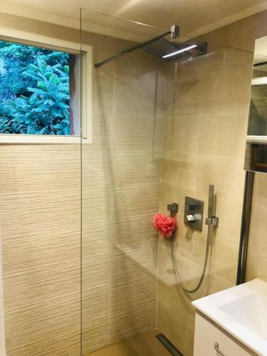 une douche avec une porte vitrée dans une salle de bain dans l'établissement Bel appartement - 50m2 à 7 minutes du centre au calme, à Nice