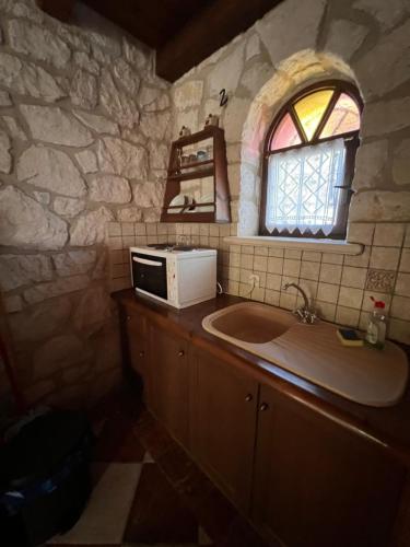 a kitchen with a sink and a window and a microwave at Gloria Holiday Homes Apartments in Lithakia