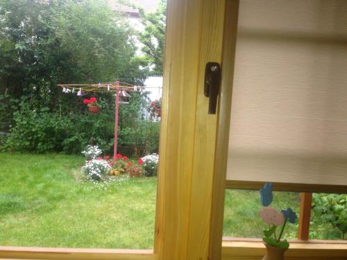 a window with a view of a yard with flowers at Domek in Świnoujście