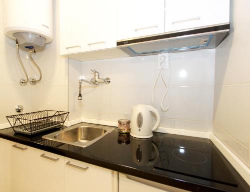 a small kitchen with a sink and a counter at Central Market Apartment ! in Belgrade