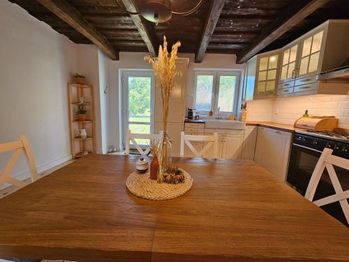 een keuken met een houten tafel in een kamer bij Villa Lindenberg Slovakia in Krupina