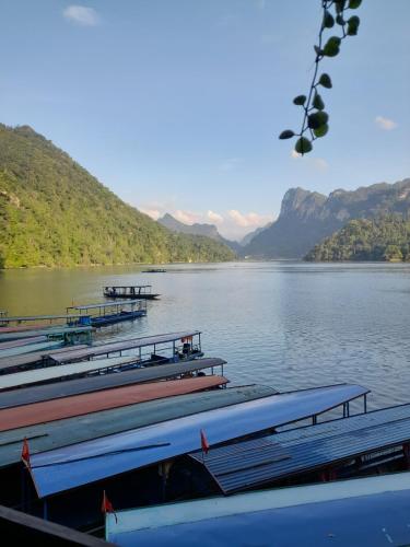 a group of boats on a lake with mountains in the background at Khách sạn Vườn Quốc gia Ba Bể in Bak Kan