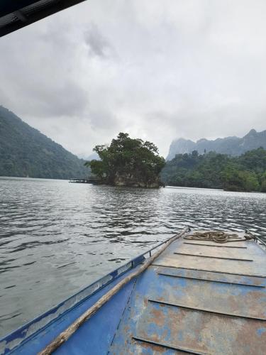 a boat on a lake with a tree in the middle at Khách sạn Vườn Quốc gia Ba Bể in Bak Kan