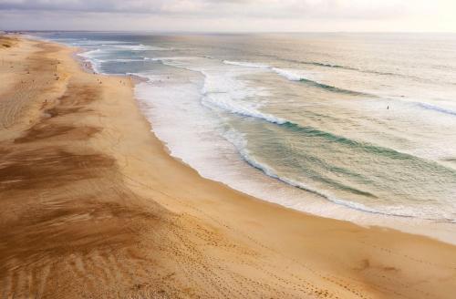 an aerial view of a sandy beach with the ocean at Appart' cocooning prêt de la forêt in Seignosse