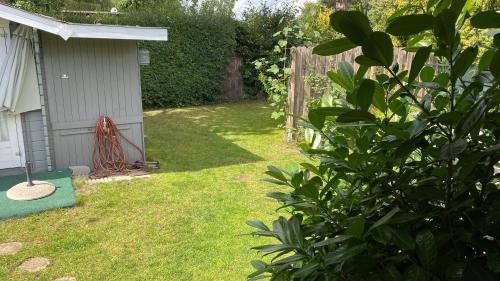 a yard with a fence and a red rake at Haus am Grimnitzsee mit Garten in Joachimsthal