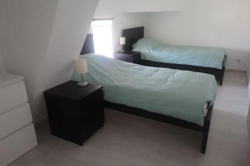 une chambre avec deux lits et une lampe sur une table de chevet dans l'établissement Bel appart duplex moderne à 9 min de l'aéroport, à Janneyrias