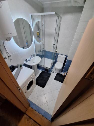 uma casa de banho com um chuveiro, um lavatório e um WC. em Dado apartman em Kraljevo