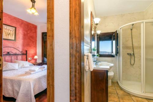 a bedroom with a bed and a bathroom with a shower at Casa Jose Capileira - Alpujarra in Capileira