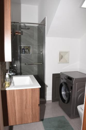 a bathroom with a sink and a washing machine at la falaise paradis Mauritius in Flic-en-Flac