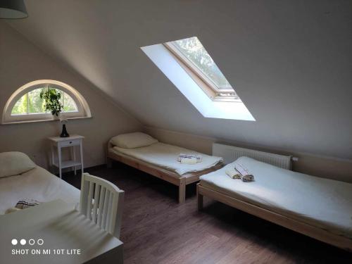 a attic room with two beds and a skylight at Dworek Cieszków in Cieszków