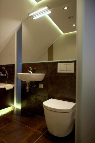 a bathroom with a white toilet and a sink at Siedlisko Kłodno in Sulęczyno