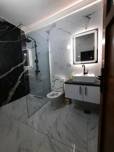 a bathroom with a toilet and a sink and a shower at Comfort Hotel Prizren in Prizren