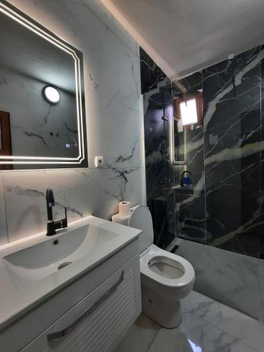 a bathroom with a sink and a toilet and a mirror at Comfort Hotel Prizren in Prizren