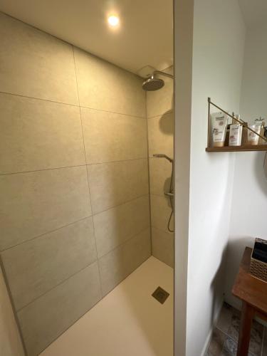 uma casa de banho com um chuveiro e uma porta de vidro em Chambre privée avec SDB et WC 