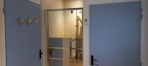 une douche avec une porte vitrée dans une salle de bain dans l'établissement La grange d Eugène, à Saint-Genix-sur-Guiers