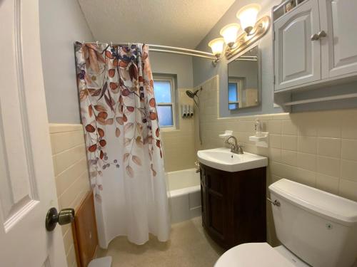 łazienka z zasłoną prysznicową i umywalką w obiekcie The Sunshine House w mieście Midwest City