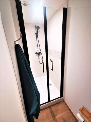 a bathroom with a shower with a glass door at Le T3 Confort - Au Cœur de Montceau in Montceau-les-Mines