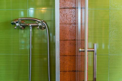 a shower in a bathroom with a glass door at Fernandes Guest House Green Bungalow in Ponte de Lima