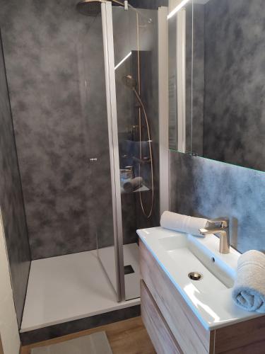 a bathroom with a shower and a sink at Bergkristall MeineCard Plus in Willingen