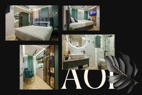 a collage of pictures of a bedroom and a bathroom at IDEA LUX Apartmani Kragujevac in Kragujevac