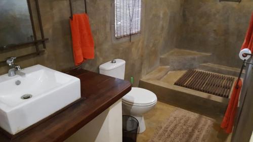 ein Badezimmer mit einem Waschbecken, einem WC und einer Badewanne in der Unterkunft R A GUEST HOUSE PEMBA in Pemba