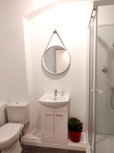 a bathroom with a toilet and a sink and a mirror at Urban Nest Apartments Szewska 21-R in Krakow