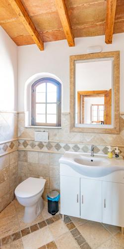 a bathroom with a toilet and a sink and a mirror at GuestHost - Crete Senesi Charming Apartments with Parking in Asciano
