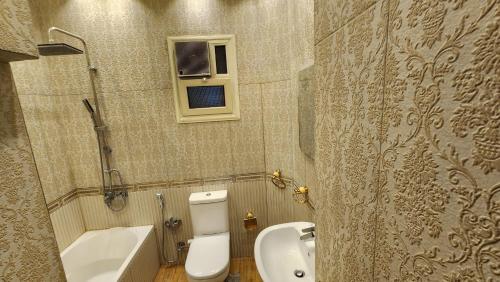 uma casa de banho com um lavatório, um WC e uma janela. em Azarita luxury apartment - families only em Alexandria