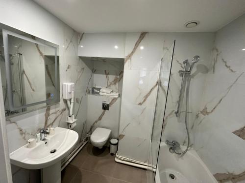 a bathroom with a shower and a sink and a toilet at Hotel Riviera Renovated in Paris