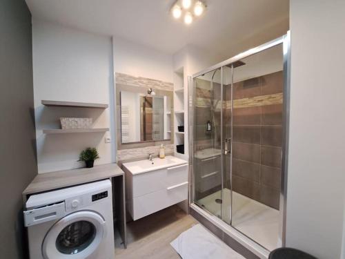 a bathroom with a washing machine and a sink at Manhattan, Appartement calme in Reims