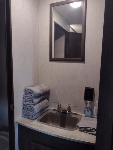uma casa de banho com lavatório, espelho e toalhas em Branson RV Park em Branson