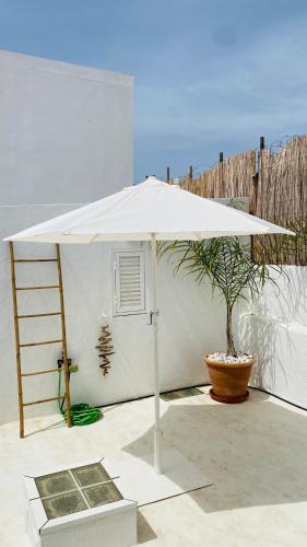 a white umbrella sitting in front of a house at Casa Amanda in Olhão