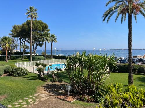 un complexe avec une piscine, des palmiers et l'océan dans l'établissement Les yeux dans le bleu, Cannes Vue mer, à Cannes