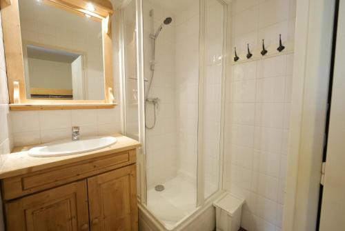 une salle de bain avec une douche, un lavabo et un miroir dans l'établissement Appartement les 2 alpes 1800 départ /retour skis aux pieds, à Les Deux Alpes