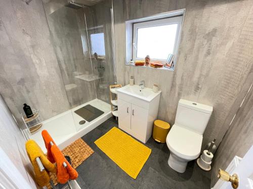 a bathroom with a toilet and a shower and a sink at Beautiful Mumbles/Gower cottage in Swansea