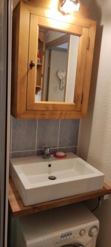 een badkamer met een wastafel, een spiegel en een toilet bij Appartement La Foux d'Allos 4 pers vue station et pistes in Allos