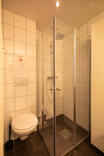a bathroom with a toilet and a glass shower at Leilighet Damsgård , nær sentrum in Bergen
