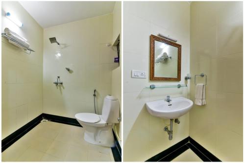 twee foto's van een badkamer met toilet en wastafel bij Baga Fantacia Beach Inn in Calangute