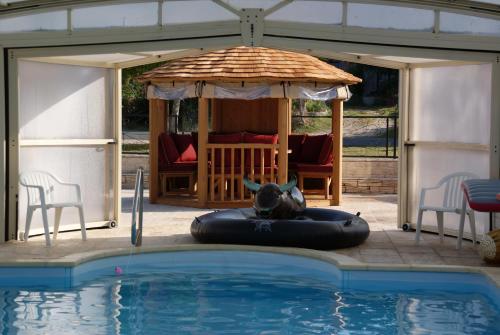une vache pontée sur un radeau à côté d'une piscine dans l'établissement Les Coquelicots, à Pompéjac