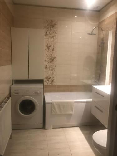 a bathroom with a washing machine and a washer at Pokoje gościnne na Miłej in Kochlice