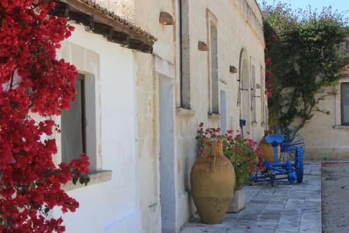 two large vases on the side of a building with flowers at Masseria Incantalupi in San Vito dei Normanni